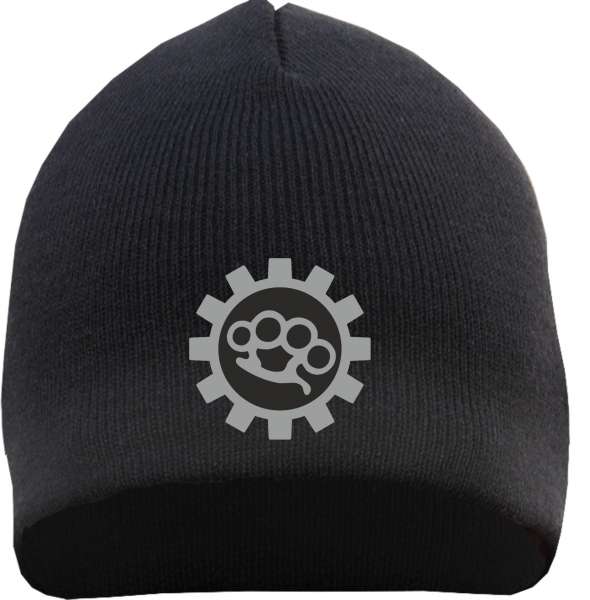 Schlagring Strickmütze / Beanie + Zahnrad + schwarz/grau