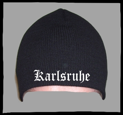KARLSRUHE Beanie / Strickmütze + schwarz + bestickt